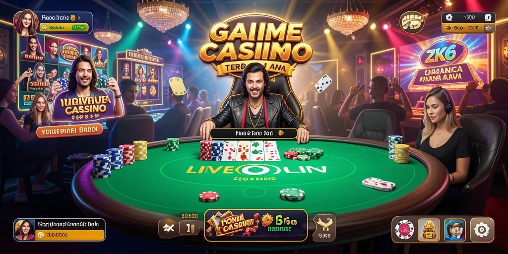 Tangkapan layar ZK6 menampilkan dealer langsung dalam permainan Live Casino yang seru.